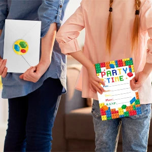 Building Blocks Birthday Invitations, Brick Party Invitation Card Building Birthday Invites with Stickers & Envelopes(24 Guests) Good Vibrations