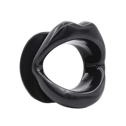 Black silicone lips O ring mouth gag for adult BDSM games and bondage restraints.