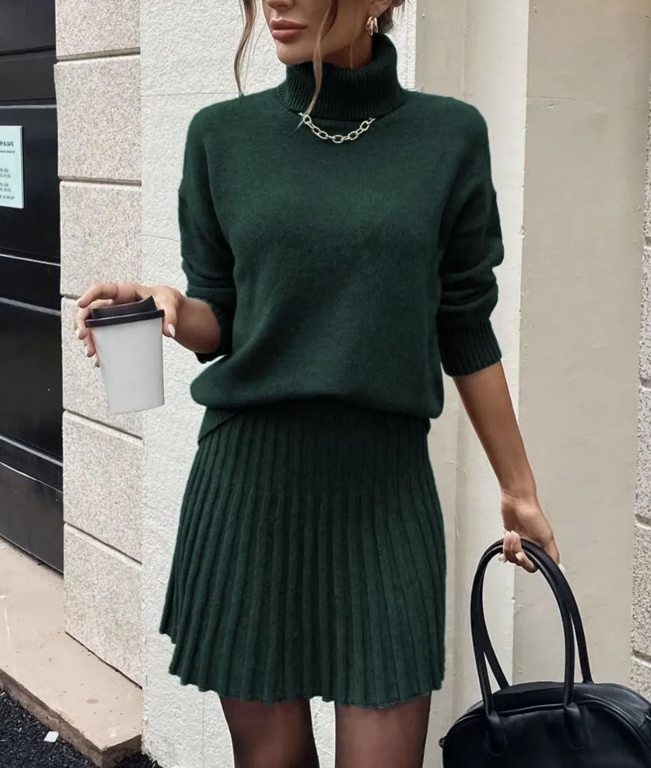 Women's Two-Piece Knit Set: Long-Sleeve Turtleneck Pullover and High-Waisted Pleated Mini Skirt – Elegant Autumn/Winter Outfit Good Vibrations