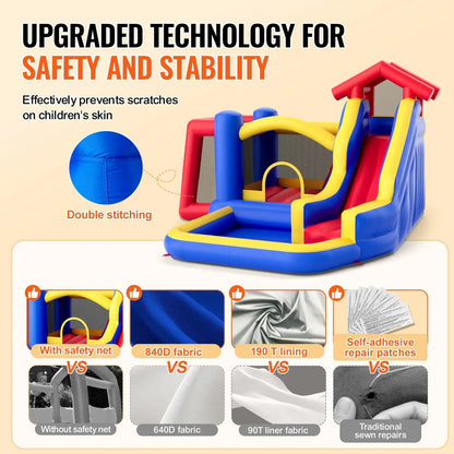 Inflatable Bounce House, Outdoor High Quality Playhouse Trampoline, Jumping Bouncer with Blower, Slide, and Storage Bag, Family Good Vibrations
