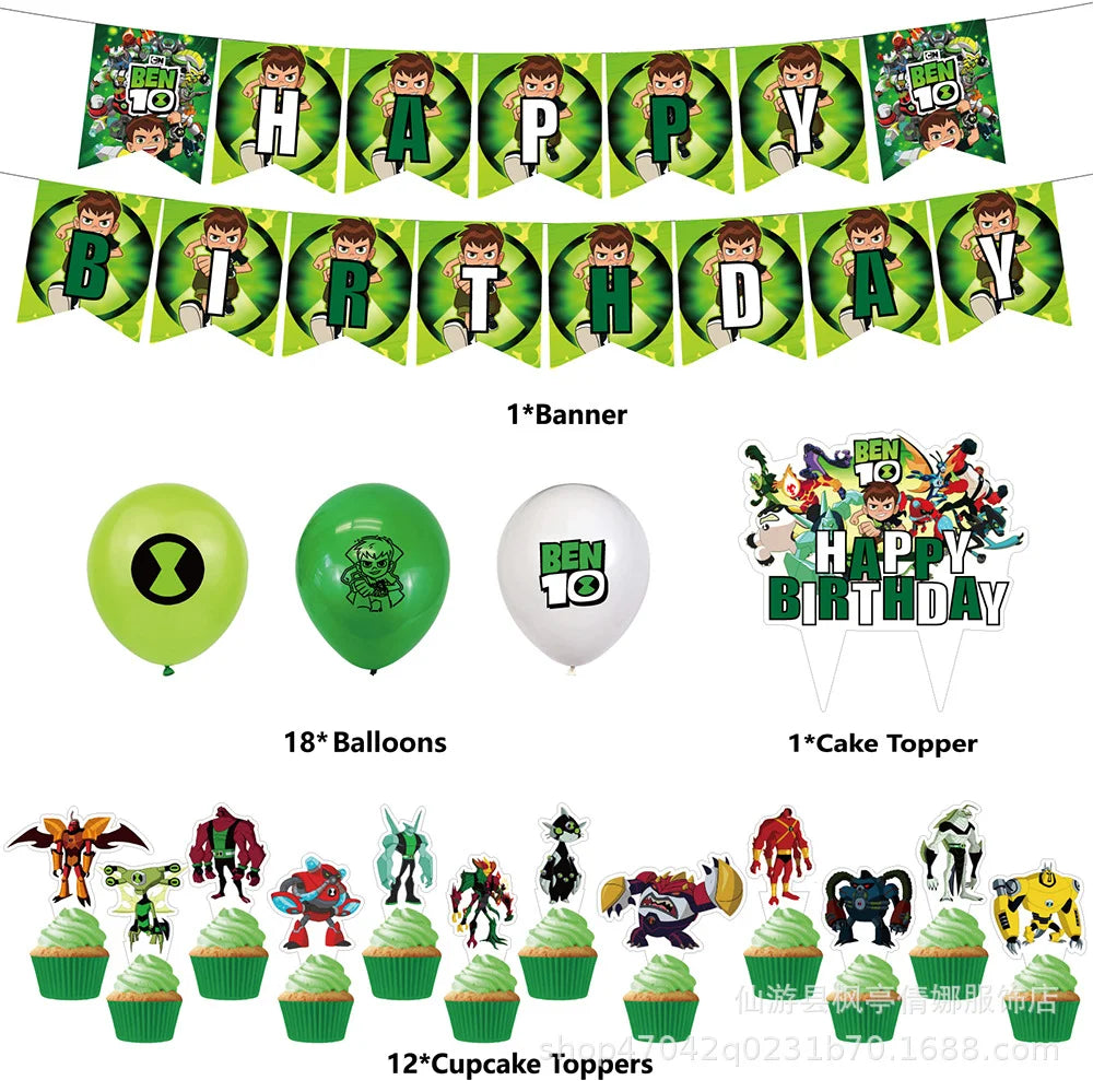 Cartoon Ben-10 Birthday Party Decoration Balloons Favor Set Banner Cake Toppers Baby Shower Boys Gift Party Supplies Photo Prop Good Vibrations