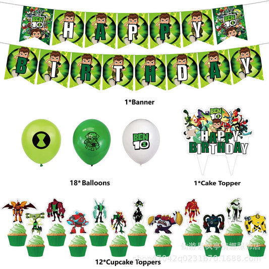 Cartoon Ben-10 Birthday Party Decoration Balloons Favor Set Banner Cake Toppers Baby Shower Boys Gift Party Supplies Photo Prop Good Vibrations