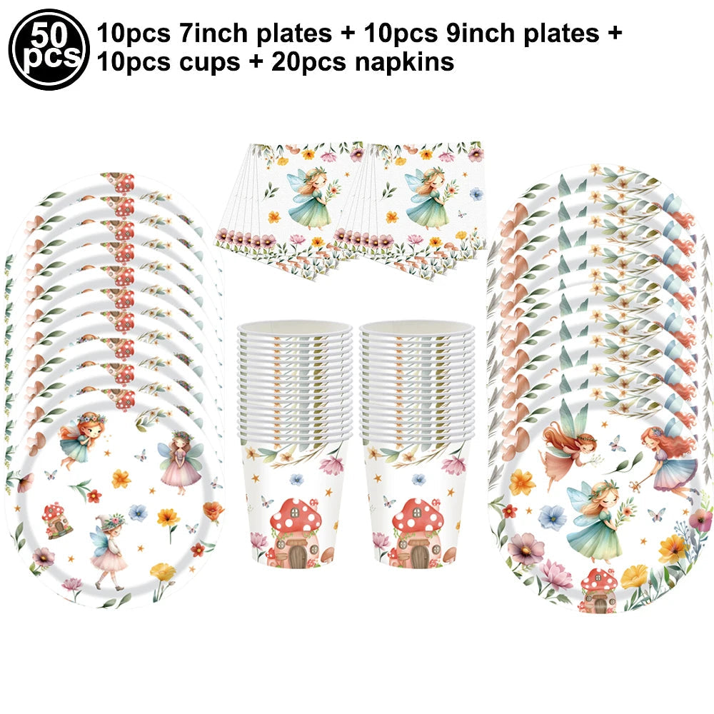 Fairy Party Supplies for Girl Birthday Fairies Enchanted Themed Baby Shower Party Decor Garden Flower Disposable Tableware Decor Good Vibrations