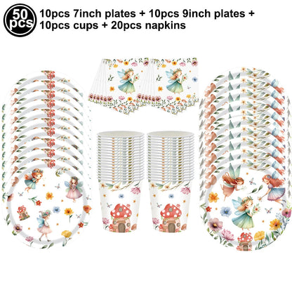 Fairy Party Supplies for Girl Birthday Fairies Enchanted Themed Baby Shower Party Decor Garden Flower Disposable Tableware Decor Good Vibrations