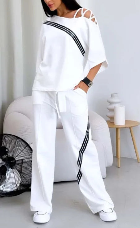 New Fashion Two-piece Women's White Sports Suit Sexy Off Shoulder Loose Sports Shirt+casual Pants Cotton Sportswear Women's Good Vibrations
