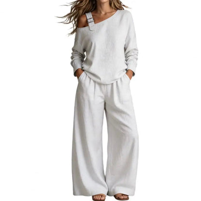 Women Two Piece Matching Set for Fall Off-Shoulder Long Sleeve Top & High Waisted Wide Leg Pants Loose Shirt Trouser Lounge Set Good Vibrations