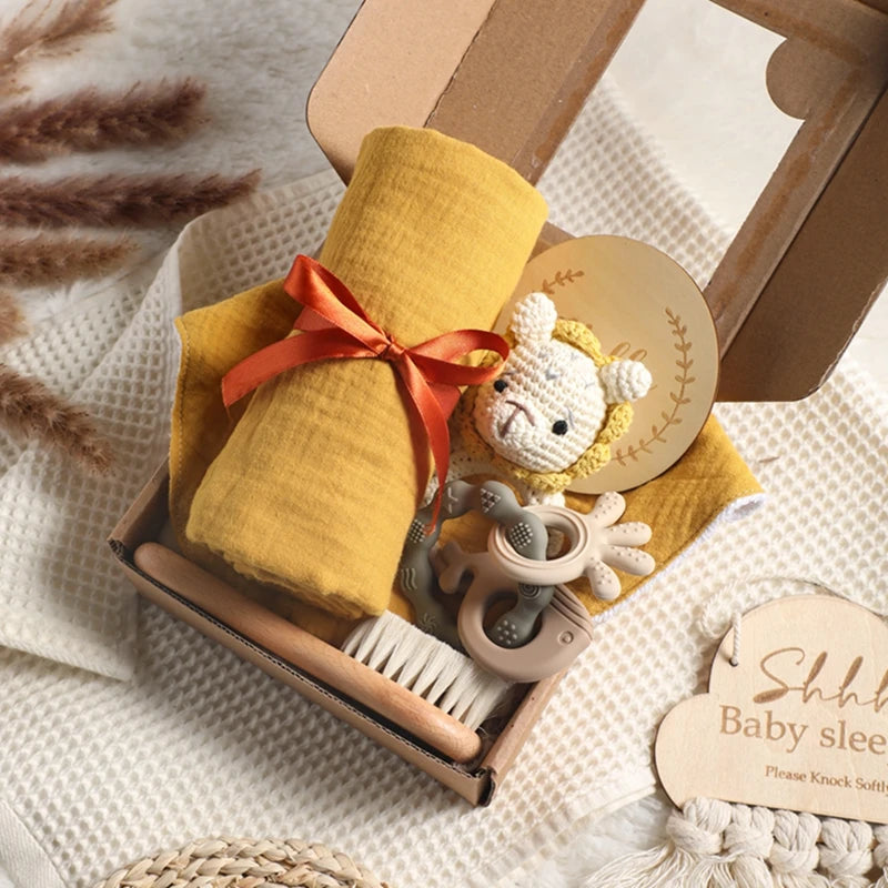 1Set Baby Bath Toy Set Food Grade Silicone Teether Toys Wooden Ring Crochet Rattle Milestones Card Bath Brush For Newborn Gift Good Vibrations