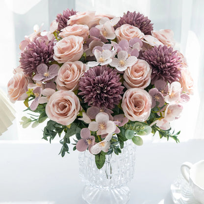 1PC Artificial Flowers Silk Rose Peony Bouquet Hydrangea Carnation Vases for Home Party Winter Wedding Decoration Fake Plant Good Vibrations