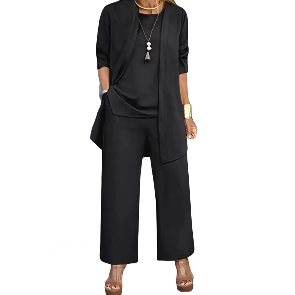 Women Clothes Stylish Women's 3-piece Pantsuit Set with Long Sleeve Cardigan O Neck Vest Wide Leg Trousers Fall Spring Outfit Good Vibrations