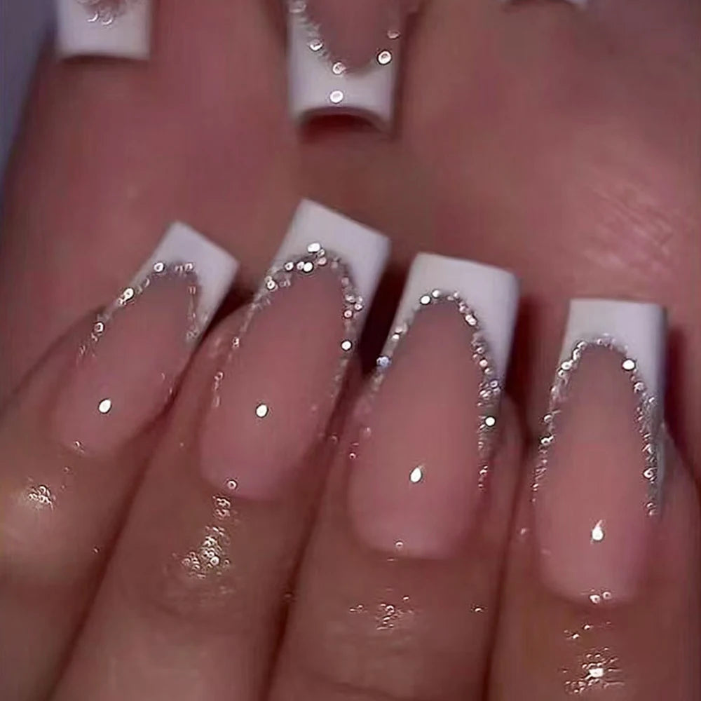 24Pcs Short Square Coffin False Nails French Glitter Wearable Fake Nails Acrylic Full Cover Women Ballet Press on Nails Tips Good Vibrations