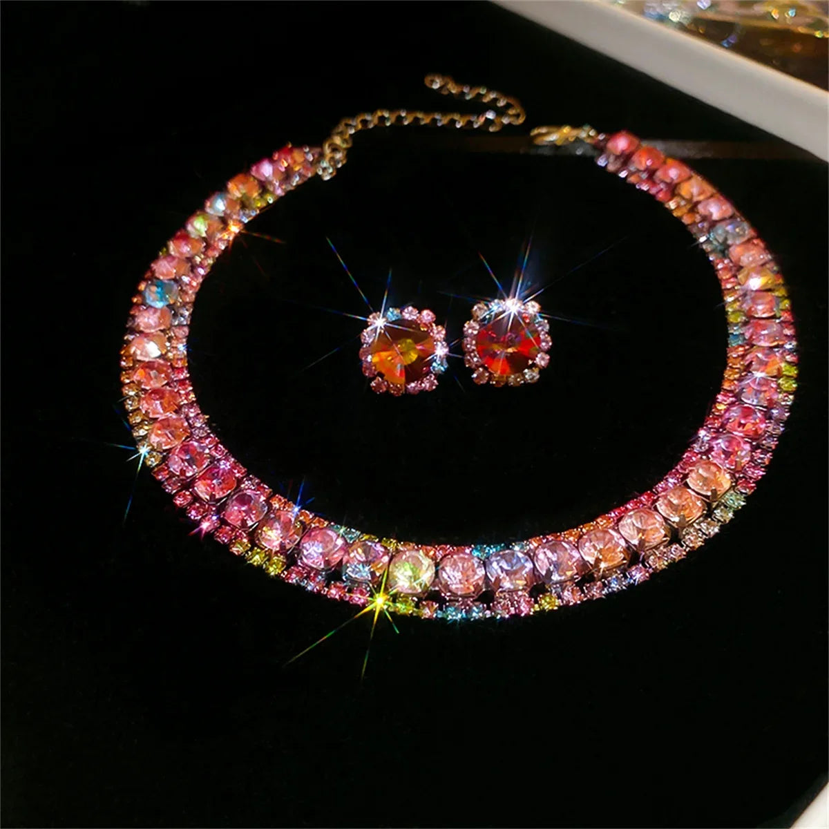 Luxury Crystal Necklace Earrings Set Pink ABcolourful Necklace for Women Weddings Party Jewelry Sets Accessories Good Vibrations Adult Super Store