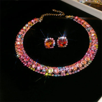 Luxury Crystal Necklace Earrings Set Pink ABcolourful Necklace for Women Weddings Party Jewelry Sets Accessories Good Vibrations Adult Super Store