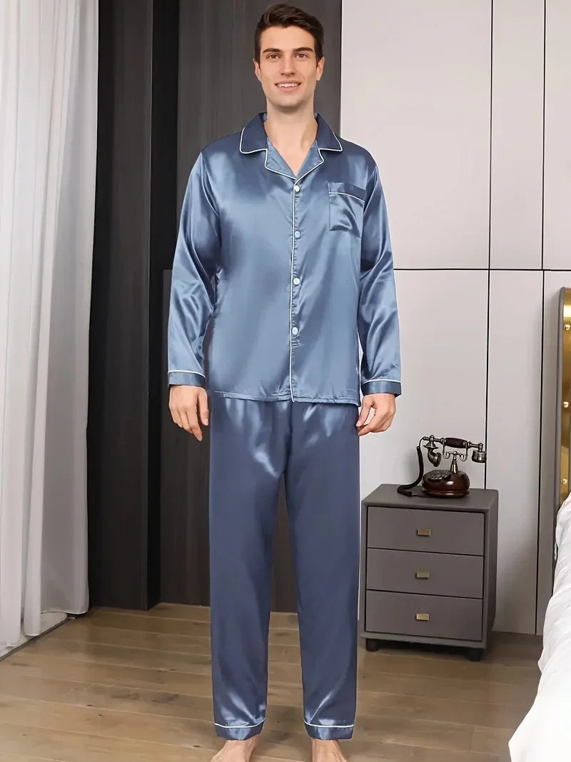 Men's Satin Pajama Set Linter Lapel Collar Long Sleeve Tops & Pants Sleepwear Button Down Loungewear Autumn Pyjama For Man Good Vibrations