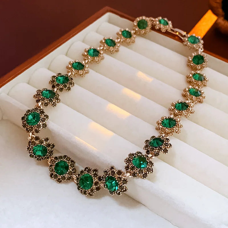 Rhinestone Green Circle Flower Necklace for Women Medieval Vintage Bracelet French Luxury Dainty Earrings Jewelry Sets Wholesale Good Vibrations Adult Super Store