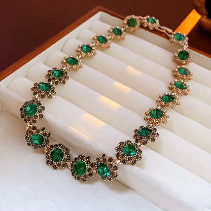 Rhinestone Green Circle Flower Necklace for Women Medieval Vintage Bracelet French Luxury Dainty Earrings Jewelry Sets Wholesale Good Vibrations Adult Super Store