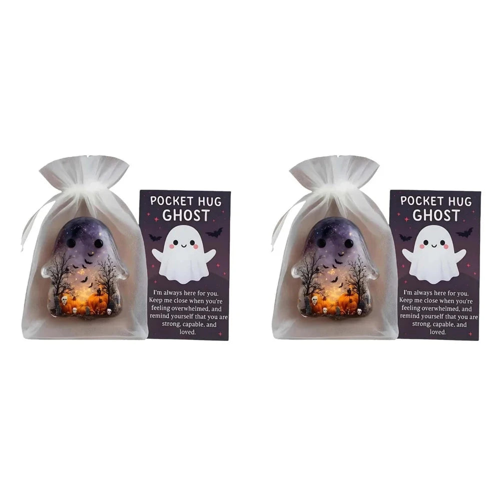 2Pcs Pockets Hug Ghost Halloween Acrylic Mini Ghosts Statue Inspirational Pocket Hug Ornaments With Positive Card For Party Gift Good Vibrations