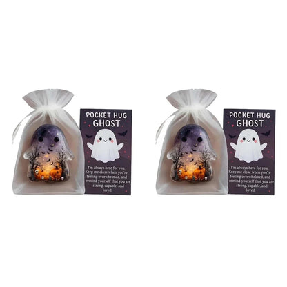 2Pcs Pockets Hug Ghost Halloween Acrylic Mini Ghosts Statue Inspirational Pocket Hug Ornaments With Positive Card For Party Gift Good Vibrations