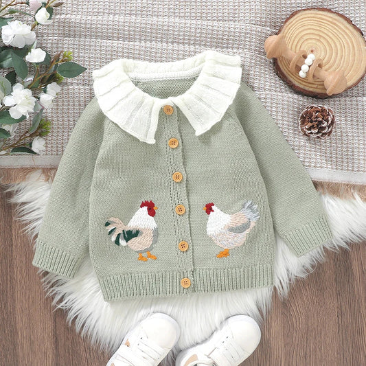 Toddler Baby Girl Sweater Cardigan Rooster Embroidery Doll Collar Long Sleeve Button Down Tops for Fall Winter 0-3Y Good Vibrations