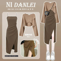 Women Dress 2 Piece Sets Strap Vintage Dresses Long Sleeve Tops Female Outfits New Spring Fall Good Vibrations