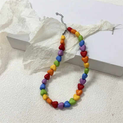 Chic Pride Rainbow Necklace Acrylic Love Adjustable Collarbone Chain Neck Jewelry Charm Heart Beaded Necklace Party Supplies Good Vibrations