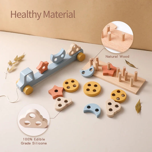 Wooden Baby Toy  Wooden Trailer  Babies Learn Cognitive Toy  Hand And Foot Coordination Toy  Color Recognition Toy  Silicone Toy Good Vibrations