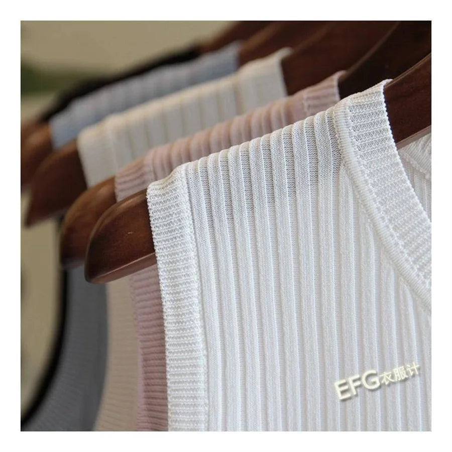 Summer Sleeveless Blouse Women O-neck Knitted Blouse Shirt Women Clothes Women Tops DF4903 Good Vibrations