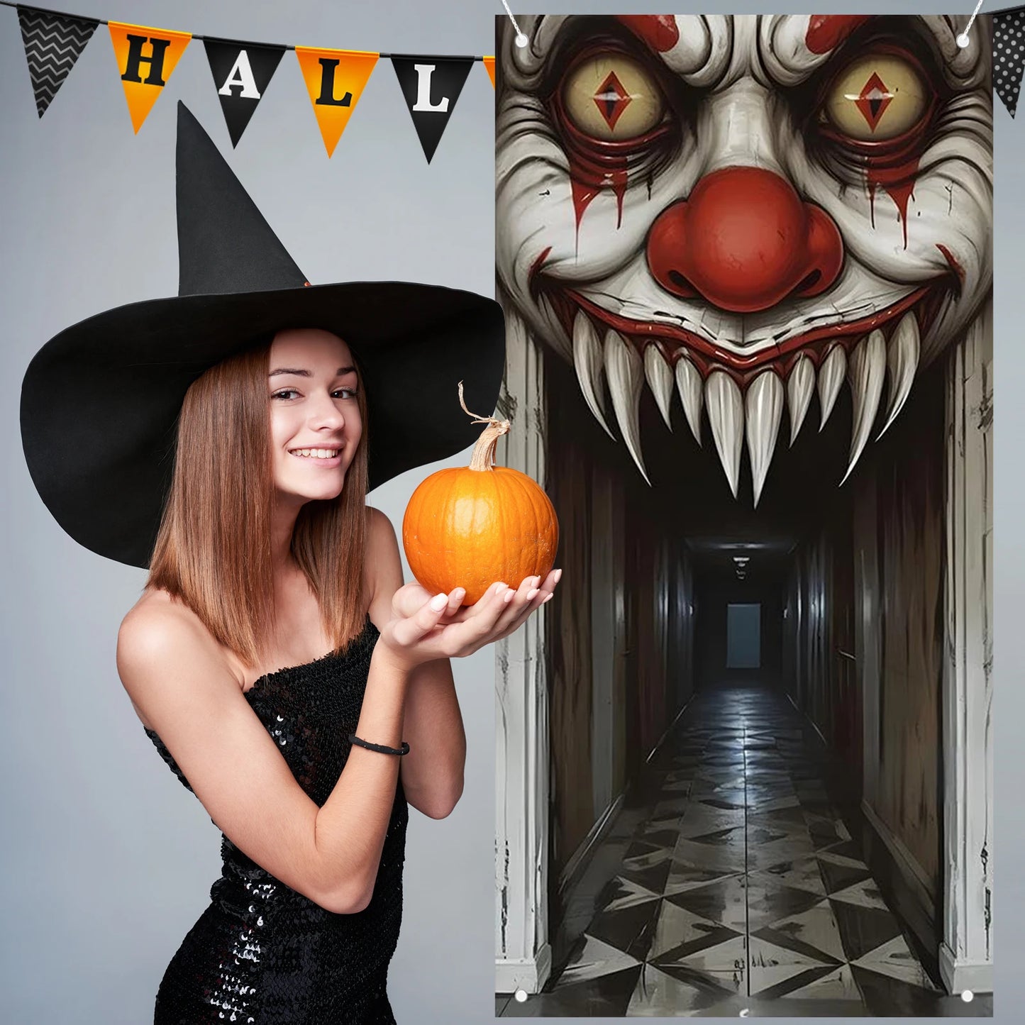 Halloween Decorations Door Cover,Spooky Witch and Zombie Theme Wall Decor,Indoor Outdoor Haunted House Themed Decoration 2D Scen Good Vibrations