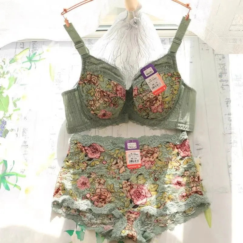 Women's Bra Set Sexy Lace Printed Embroidery Plus Size Full Cup Female Lingerie Suit 34 36 - 48 B C D E F Good Vibrations