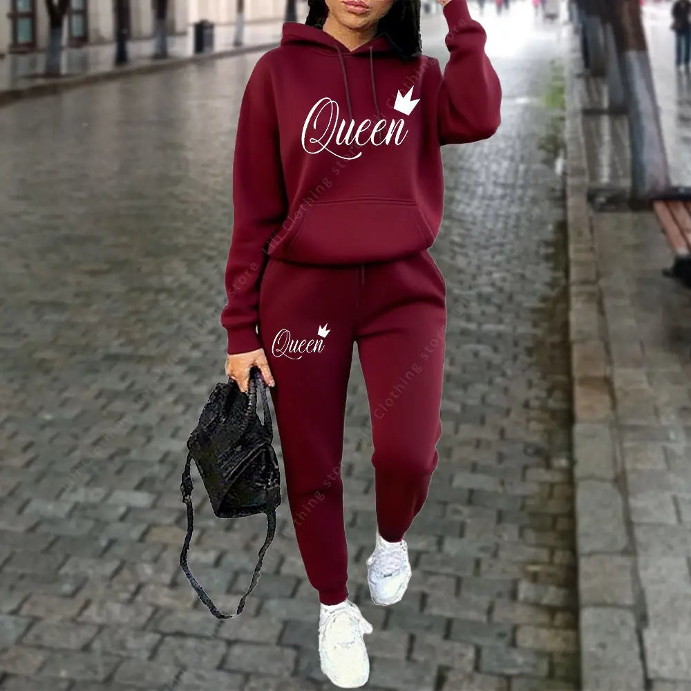 Queen Letter Graphic Print Women's Sets Hoodies Pants 2pcs Suit Autumn Winter Sports Jogging High quality Aesthetic Tracksuit Good Vibrations