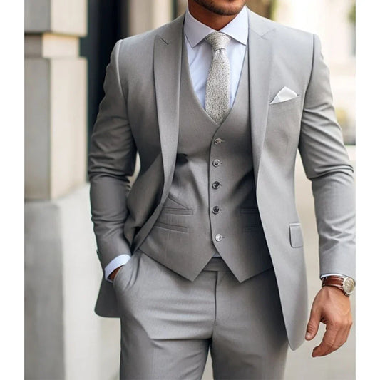 Men's Suits  Grey Costume Homme Slim Fit Formal Wedding Outfits 3 Piece Jacket Pants With Vest Custom Made 2024 Good Vibrations