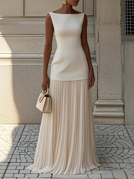 Two-piece Set Women Elegant Solid Splice Pleated Skirts Set Sexy Slash Neck Sleeveless Tank Hollow Slim Maxi Skirts Good Vibrations