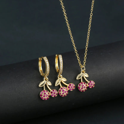 Light Luxury Crystal Zirconia Red Cherry Jewelry Set Earrings Necklace for Women Girls Sweet Jewelry Accessories Party Gifts Good Vibrations Adult Super Store