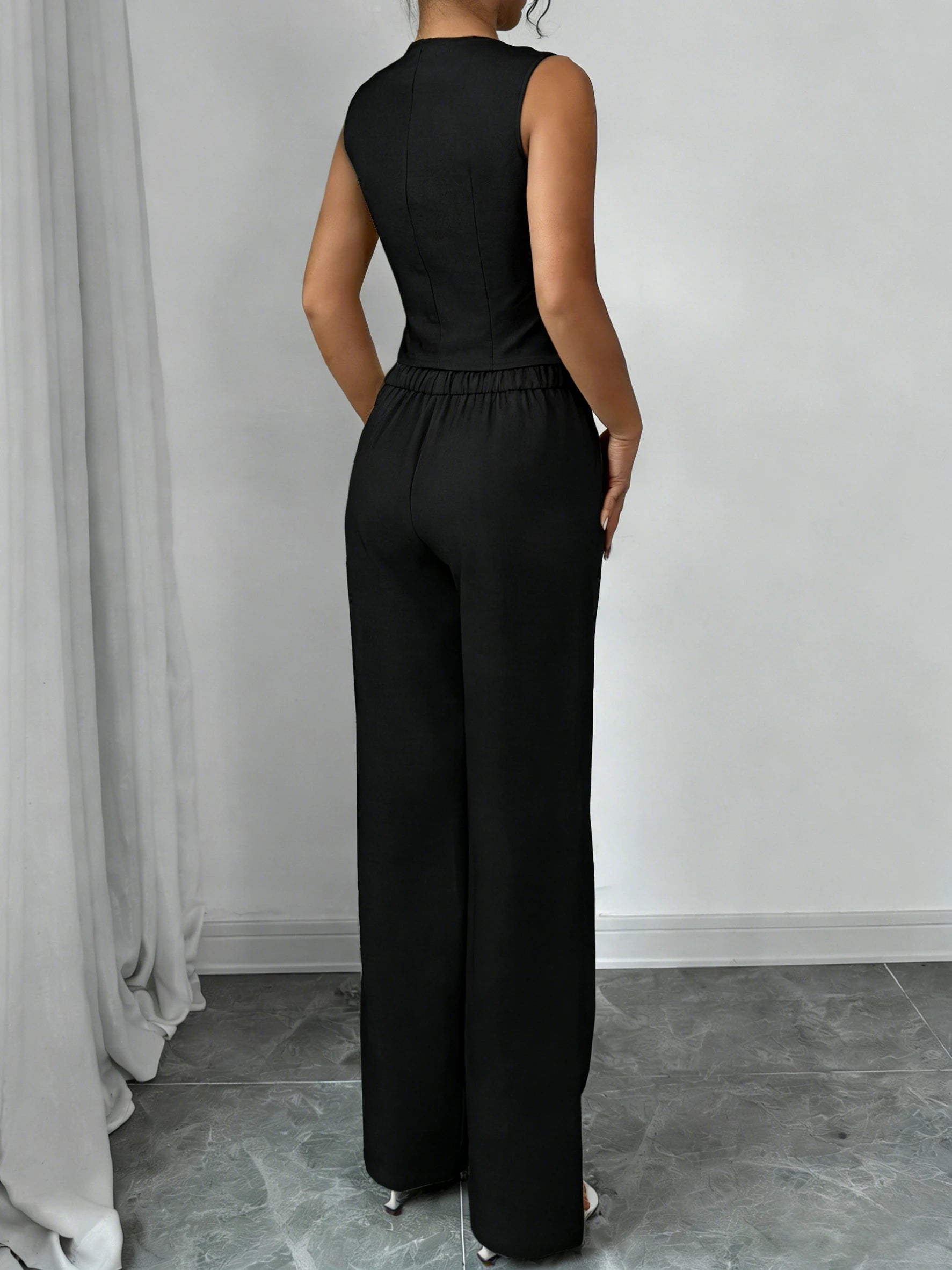 Women's Black Two Piece Outfit Sleeveless V Neck Vest Blazer High Waist Wide Leg Pants Elegant Office Spring Summer Suit Set Good Vibrations