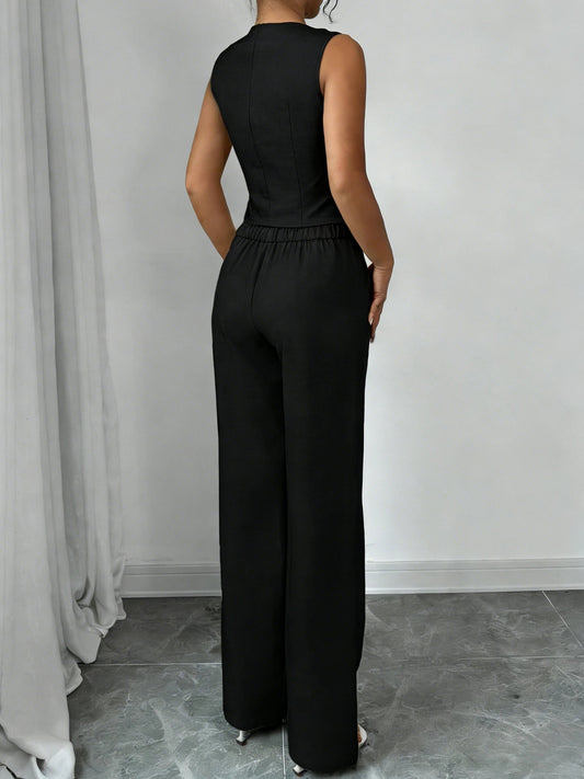 Women's Black Two Piece Outfit Sleeveless V Neck Vest Blazer High Waist Wide Leg Pants Elegant Office Spring Summer Suit Set Good Vibrations