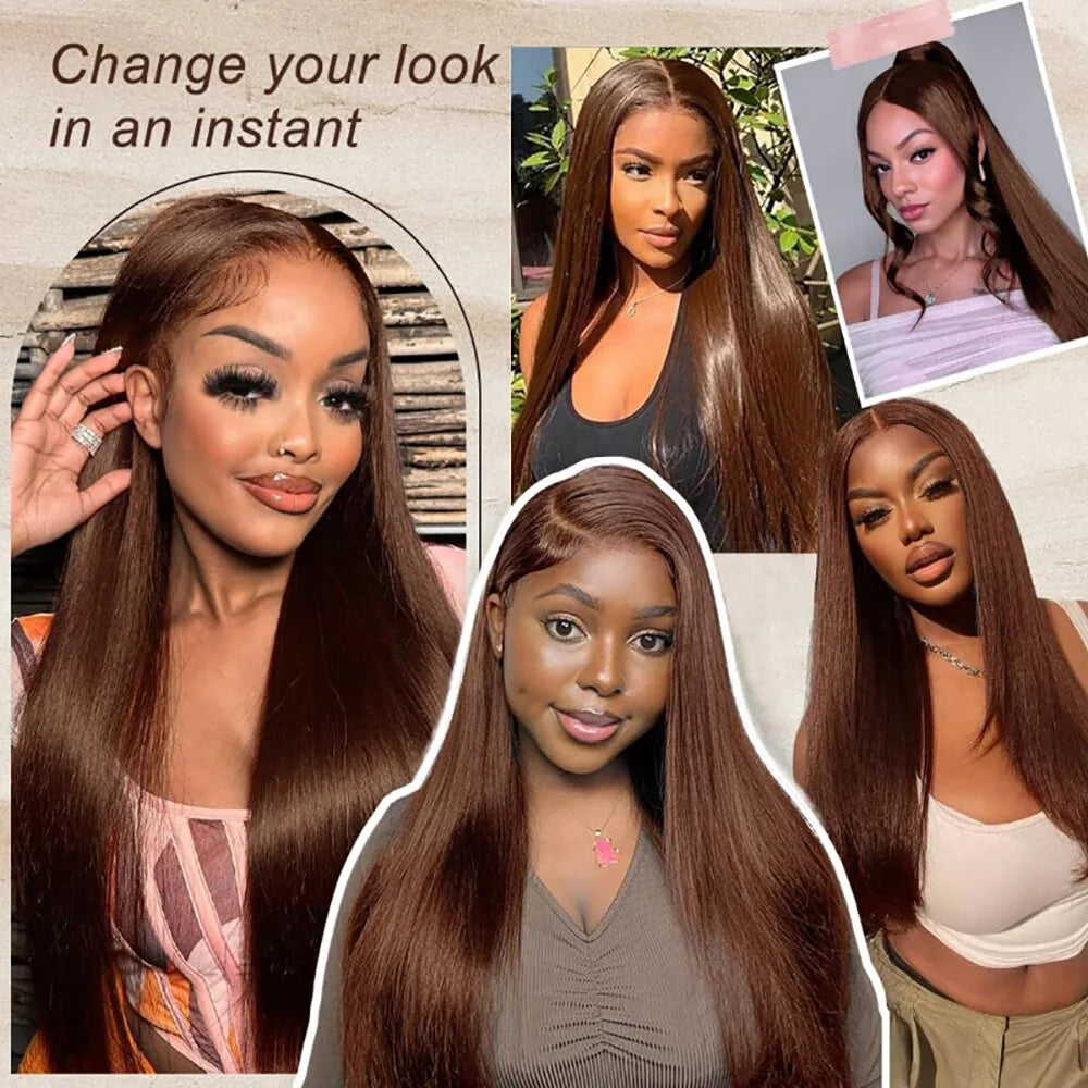 Chocolate Brown Straight Human Hair Wig 46 Inches 13x6 Transparent HD Lace Frontal Pre Plucked Natural Hairline Wig For Women Good Vibrations