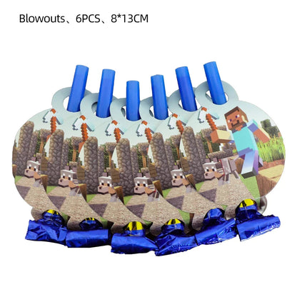 Mineres Craftings Party Decorations World Game Tableware Cup Plate Balloon Tablecloth Boys Birthday Party Supplies Kids Gift Good Vibrations