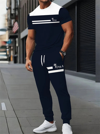 Men's Spring/Fall Two-Piece Set Crew Neck Short Sleeve Top With Relaxed Fit Casual Pants Outdoor Streetwear Minimalist Style Set Good Vibrations