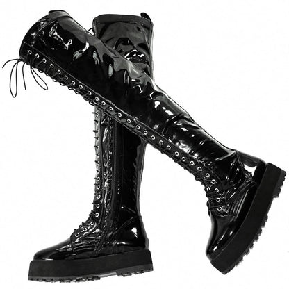 Thigh High Platform Pumps US 12 Shoes Women Plus Size 50 49 Black Patent Leather Over The Knee High Boots Big Size 48 47 Shoes Good Vibrations