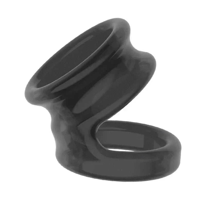 Semen Lock Ring Male Masturbator in black silicone.