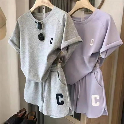  2 Piece Set Women Summer Loose Short Sleeve T-Shirt Casual Shorts Sports Print Letter Casual Suit Large Size Short Pajamas Good Vibrations
