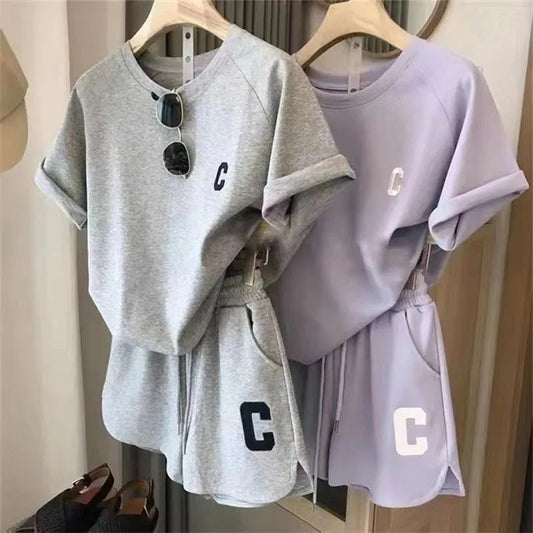  2 Piece Set Women Summer Loose Short Sleeve T-Shirt Casual Shorts Sports Print Letter Casual Suit Large Size Short Pajamas Good Vibrations