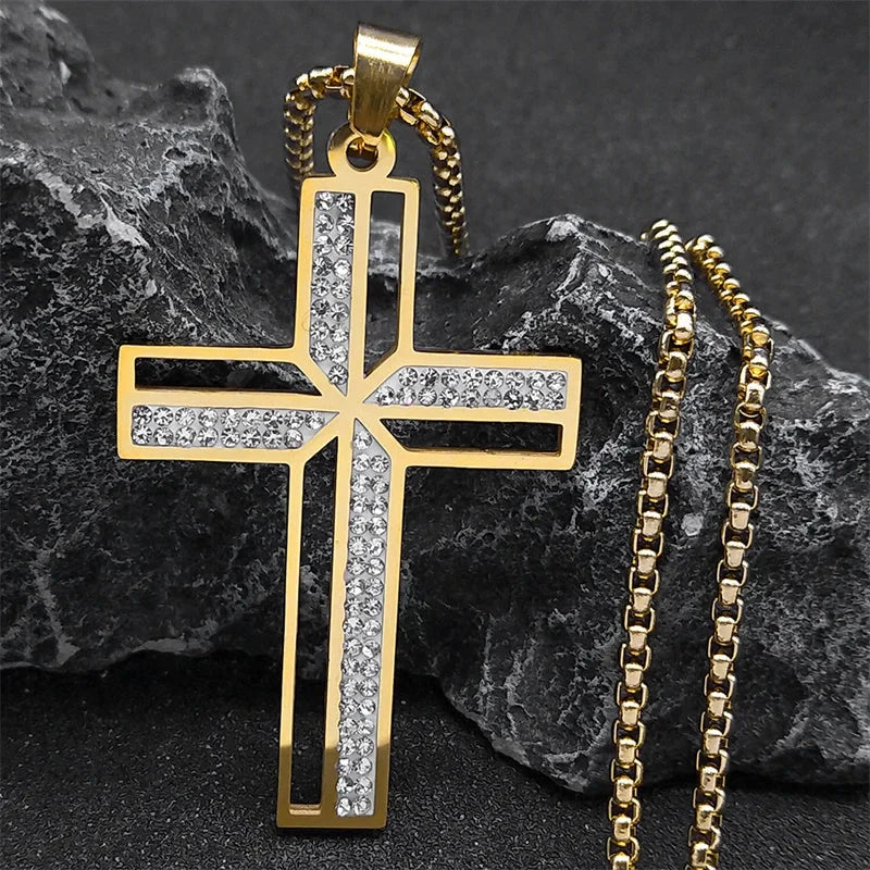 Catholic Jesus Cross Stainless Steel Necklace Saint Benedict Crystal Virgin Mary Pendant Crucifix Male Necklaces Jewelry cruz Good Vibrations