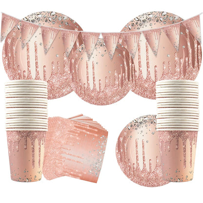 Rose Gold Disposable Tableware Diamond Pattern Paper Cups Plates Straws Table Decoration Wedding Birthday Party Supplies Good Vibrations