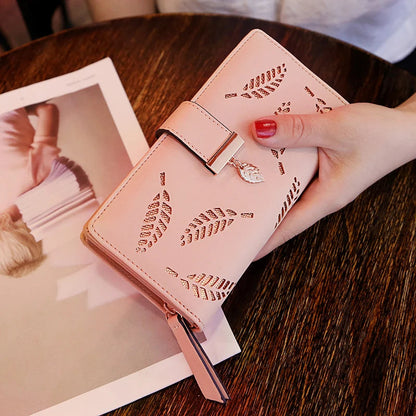 Women Wallet PU Leather Purse Female Long Wallet Gold Hollow Leaves Pouch Handbag For Women Coin Purse Card Holders Clutch Good Vibrations