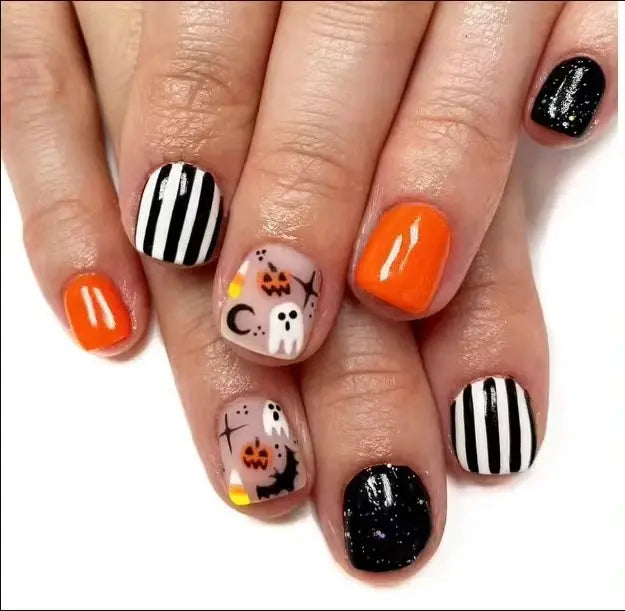 24Pcs/set Almond Halloween Press on Nails Black Bat Fake Nail Moon and Stars Pattern Removable Wearable Nails for Women&Girl Good Vibrations
