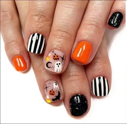 24Pcs/set Almond Halloween Press on Nails Black Bat Fake Nail Moon and Stars Pattern Removable Wearable Nails for Women&Girl Good Vibrations