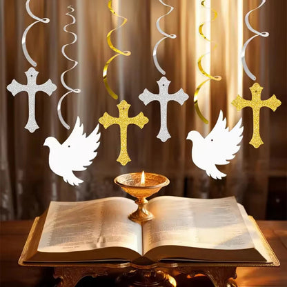 Religious Party Decor Set First Communion Baptism Hanging Swirls & Wooden Confetti Cross Dove Star for Christian Party Supplies Good Vibrations