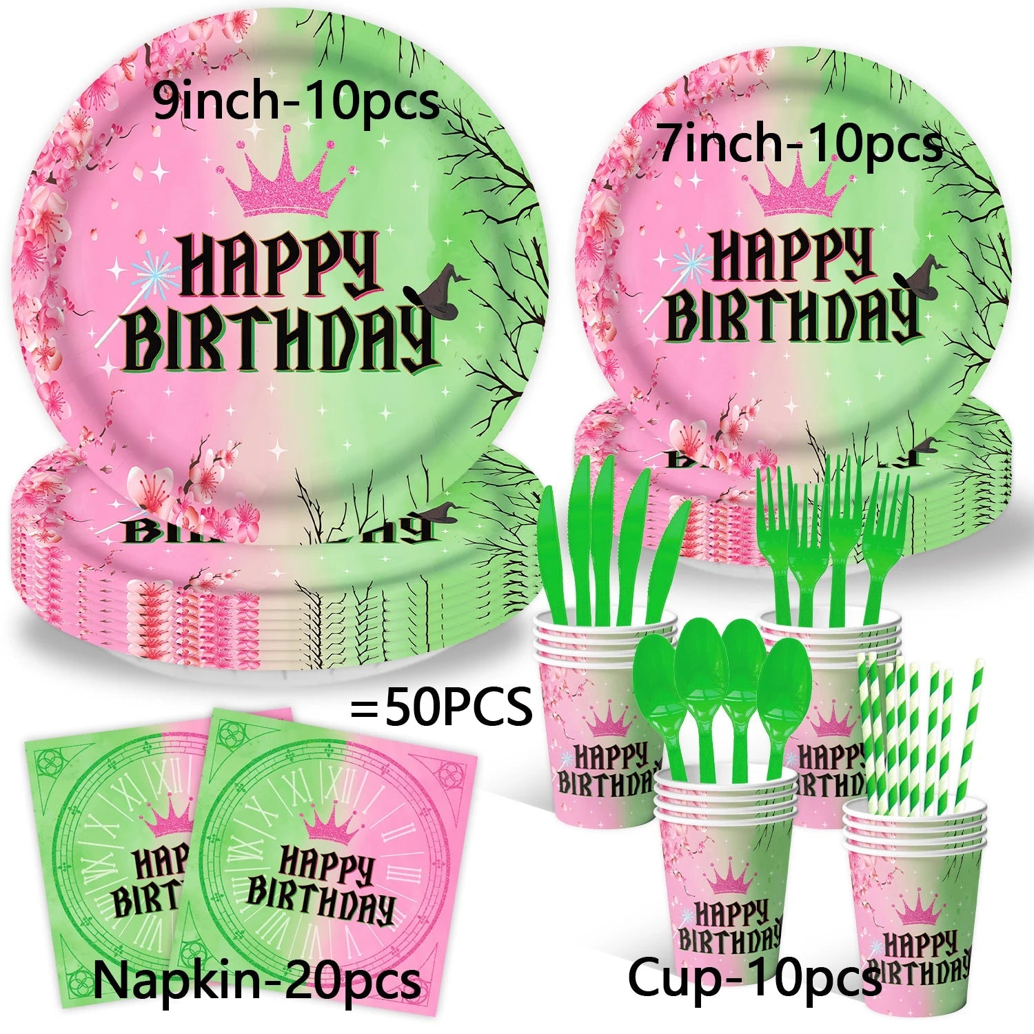 50pcs Wicked Birthday Party Decorations Disposable Tableware Cup Plate Napkins Banner Tablecloth Magic Witch Kids Party Supplies Good Vibrations