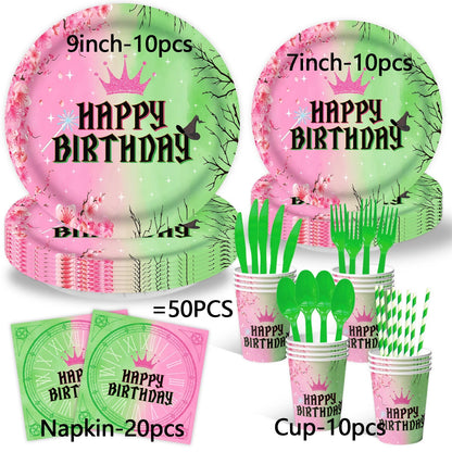 50pcs Wicked Birthday Party Decorations Disposable Tableware Cup Plate Napkins Banner Tablecloth Magic Witch Kids Party Supplies Good Vibrations
