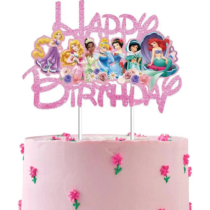 Princess Cake Toppers for Girls Birthday Cake Decoration Cinderella Mermaid Rapunzel Cake Toppers Pink Glitter Cake Flag Good Vibrations